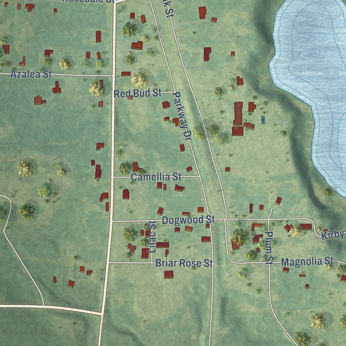 Second close-up of the map of Hosston, Louisiana print showing more streets and buildings