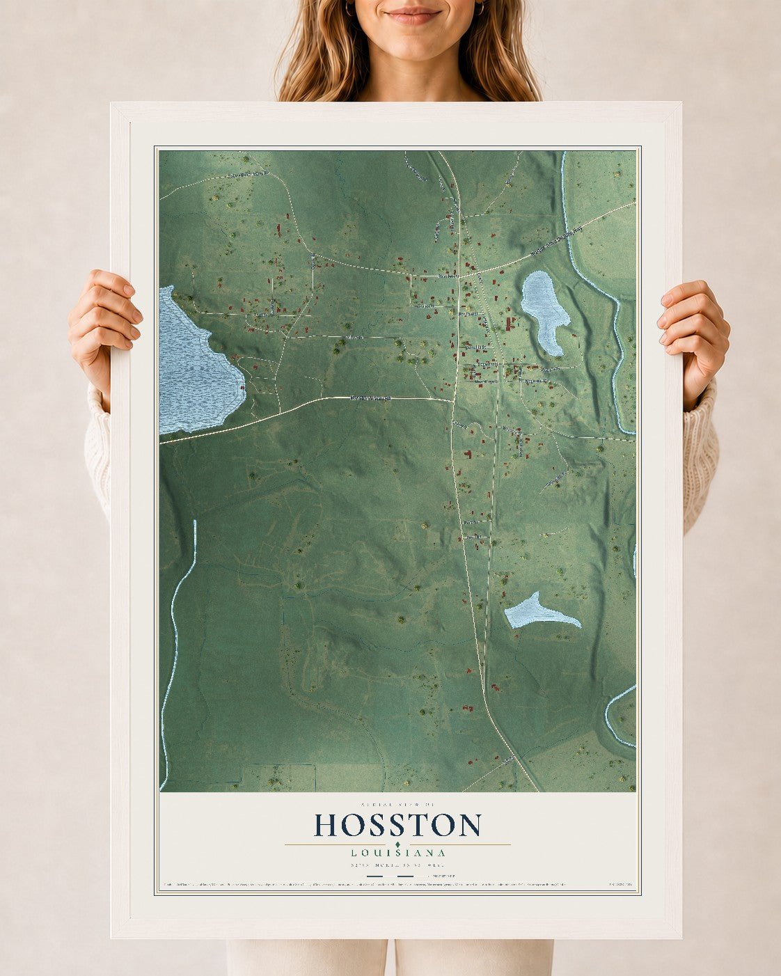 Map of Hosston, Louisiana, 24 x 36 inch print in a white wood frame