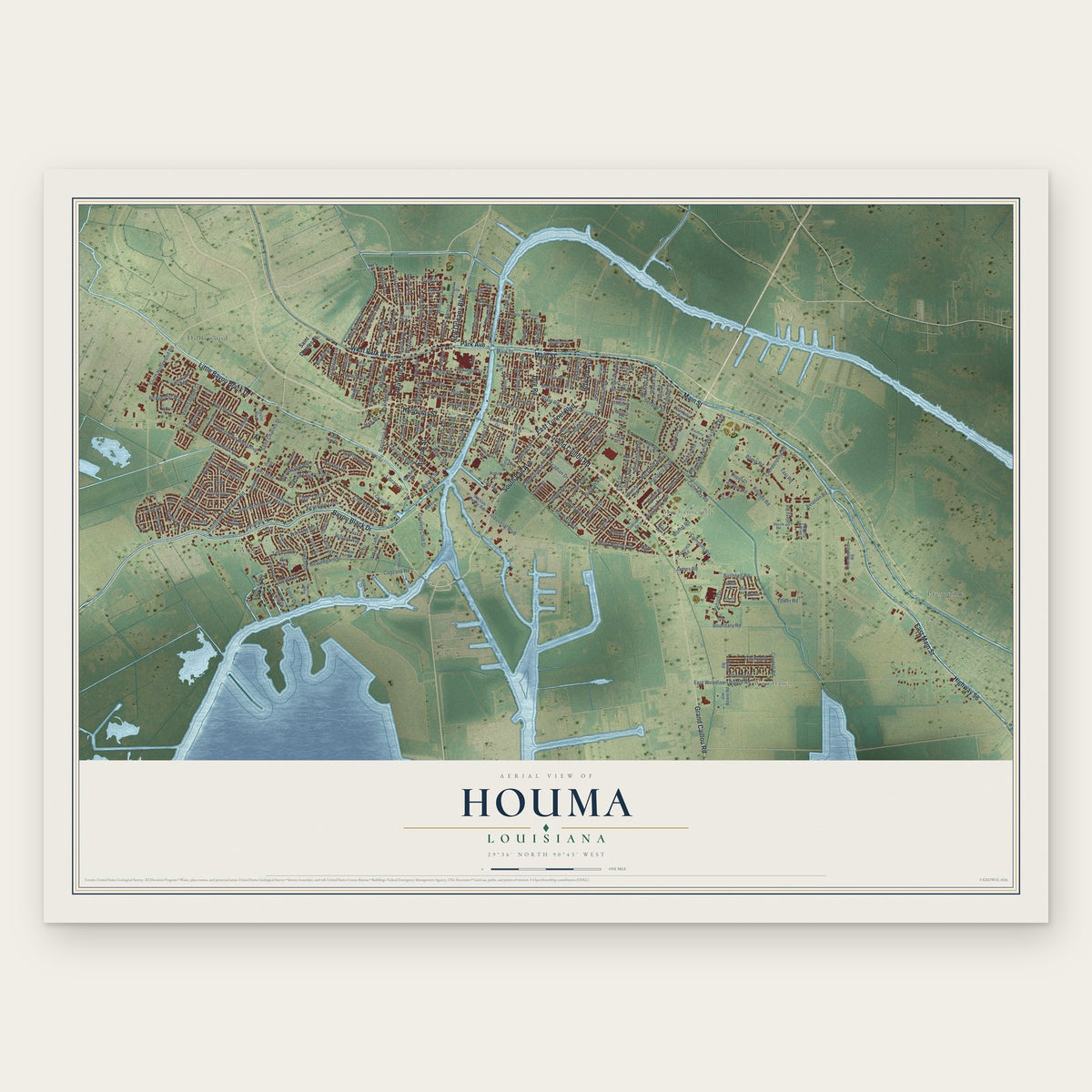 Houma, Louisiana map print, the full design
