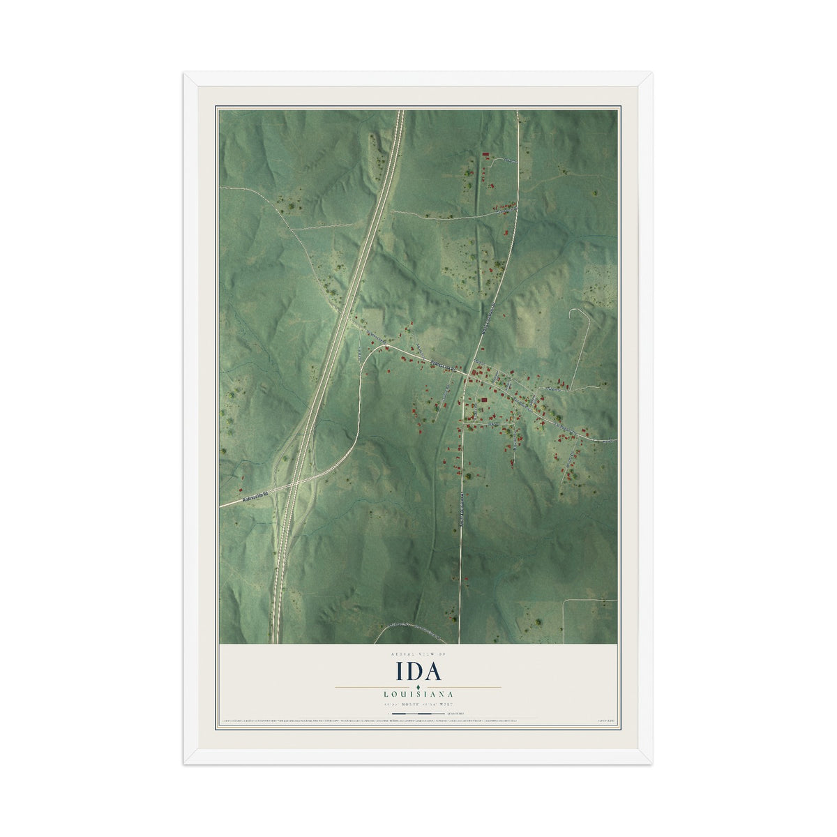 Map of Ida, Louisiana, 12 x 18 inch print in a white wood frame