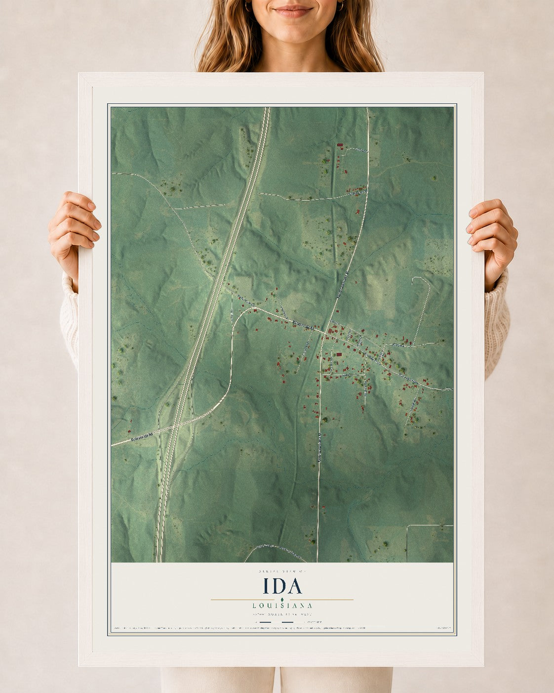 Map of Ida, Louisiana, 24 x 36 inch print in a white wood frame