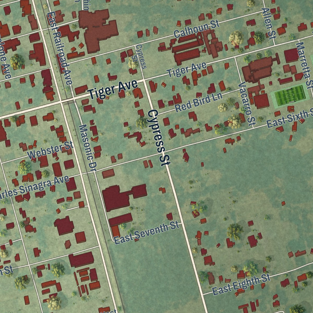 Close-up of the map of Independence, Louisiana print showing street and building detail