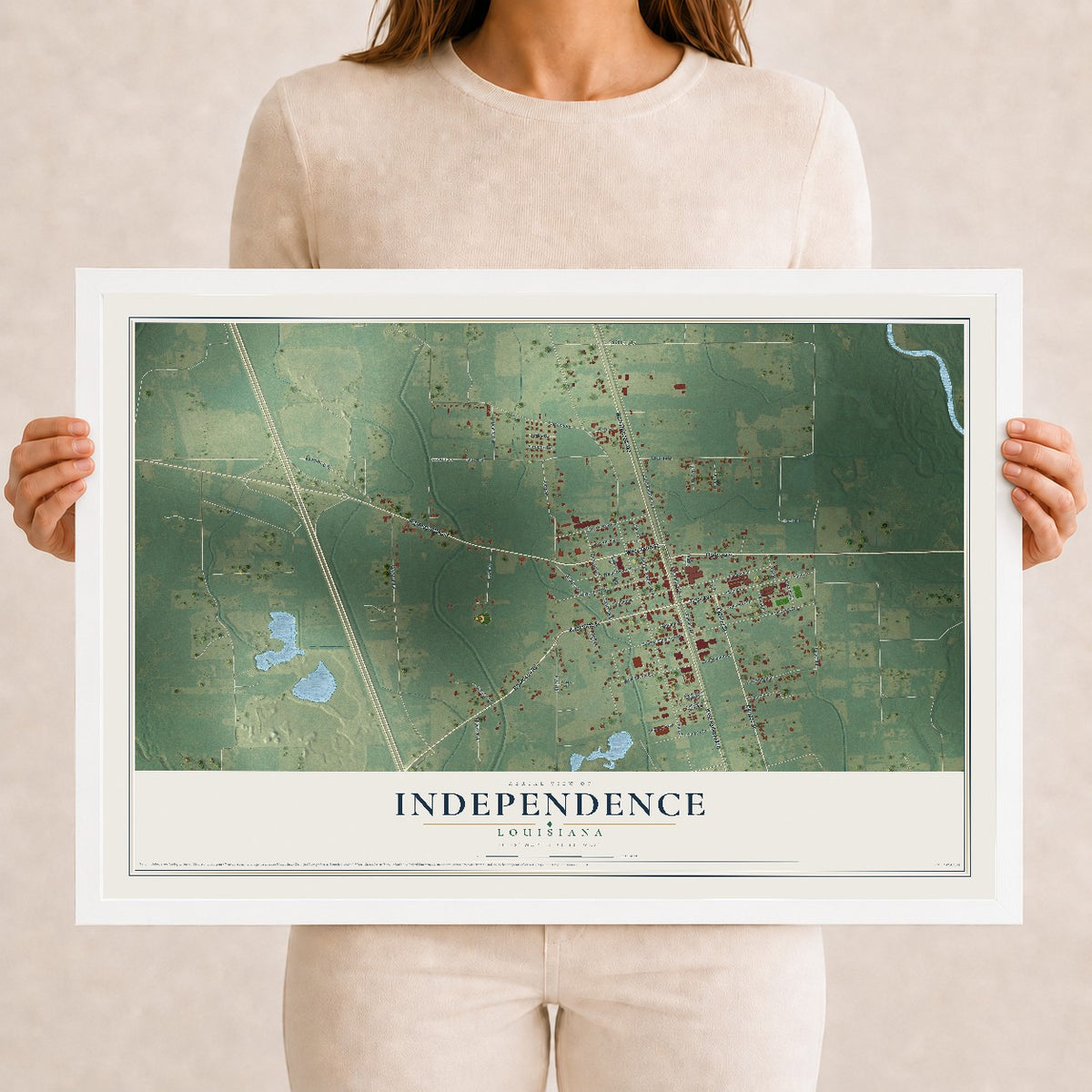 Map of Independence, Louisiana, 12 x 18 inch print in a white wood frame