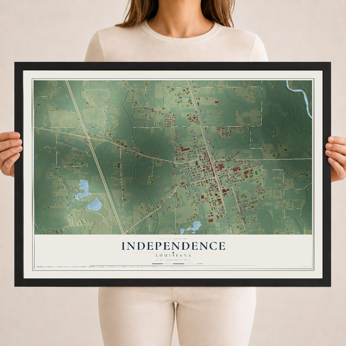 Map of Independence, Louisiana, 18 x 24 inch print in a black wood frame