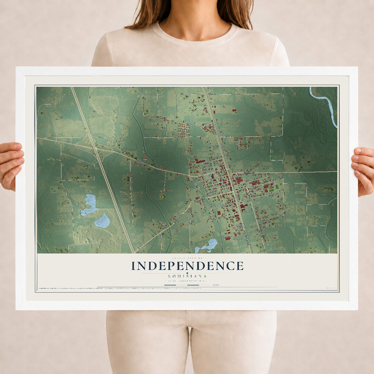 Map of Independence, Louisiana, 18 x 24 inch print in a white wood frame