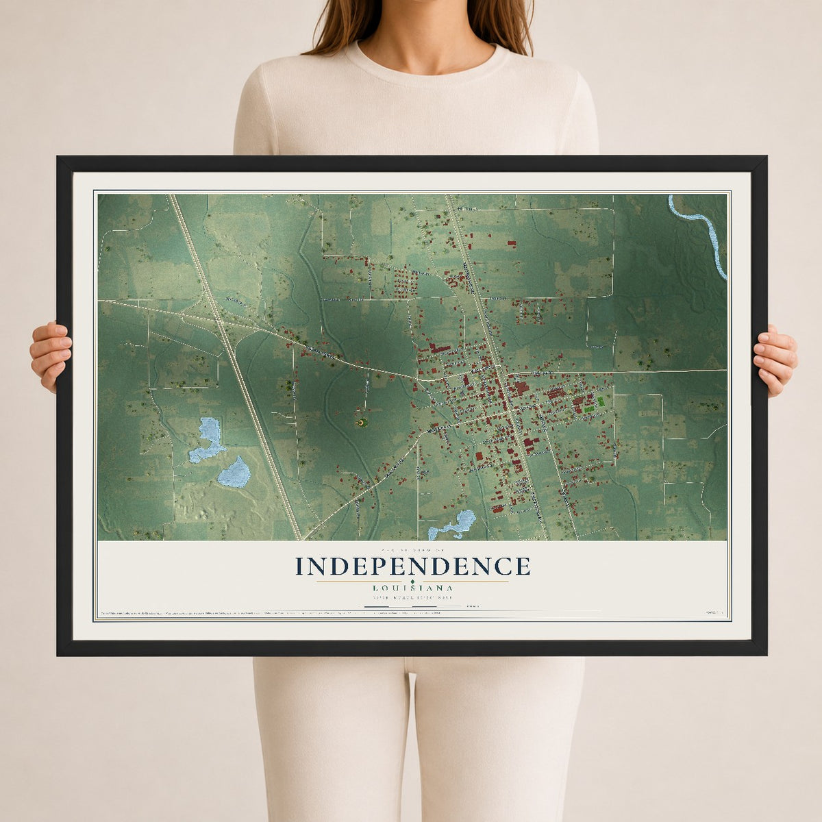 Map of Independence, Louisiana, 24 x 36 inch print in a black wood frame