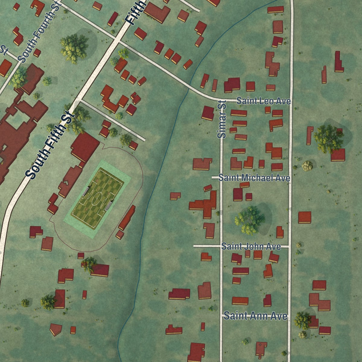 Second close-up of the map of Iota, Louisiana print showing more streets and buildings