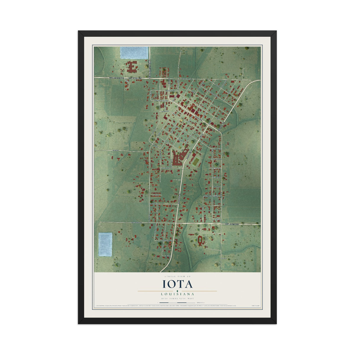 Map of Iota, Louisiana, 12 x 18 inch print in a black wood frame