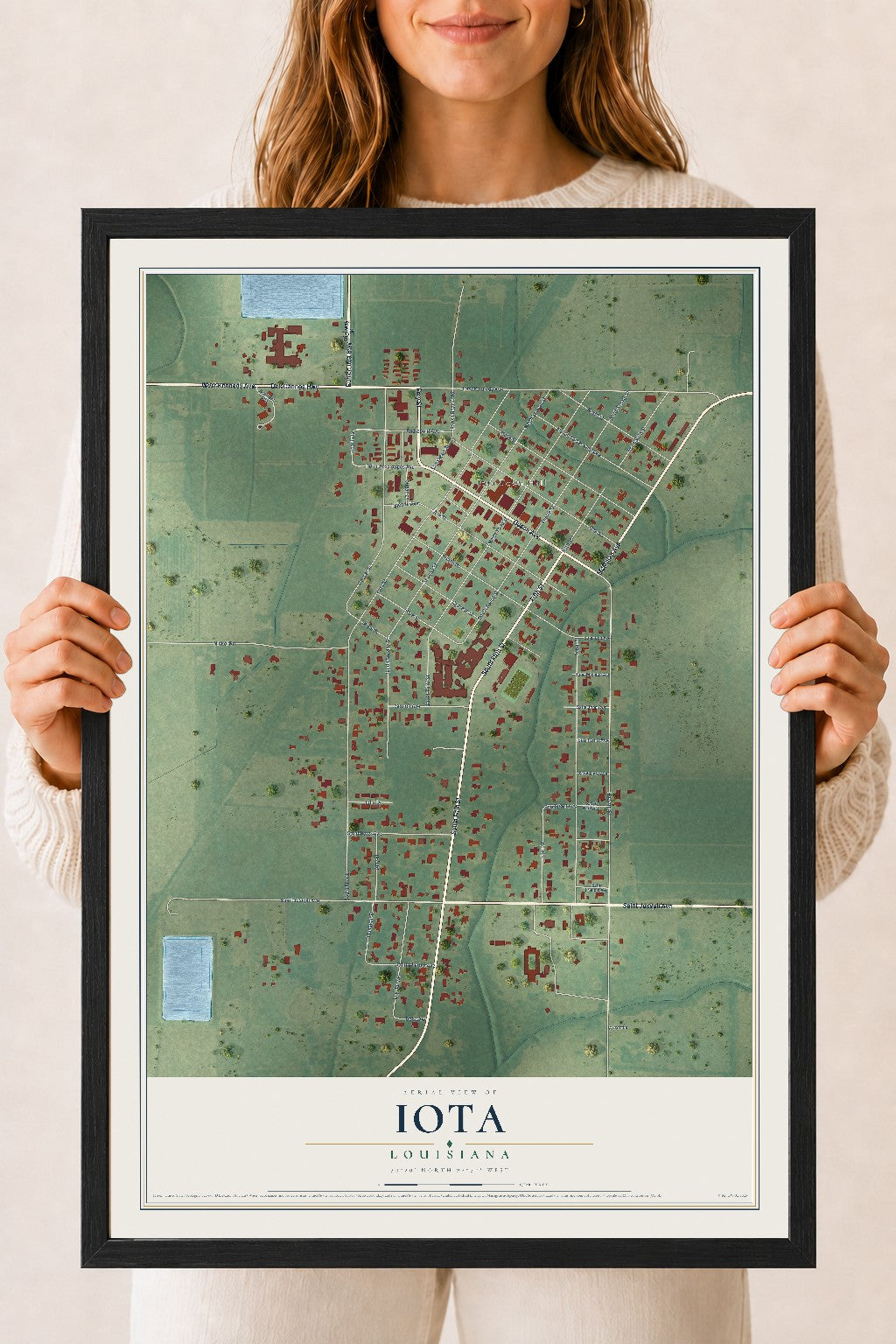 Map of Iota, Louisiana, 18 x 24 inch print in a black wood frame