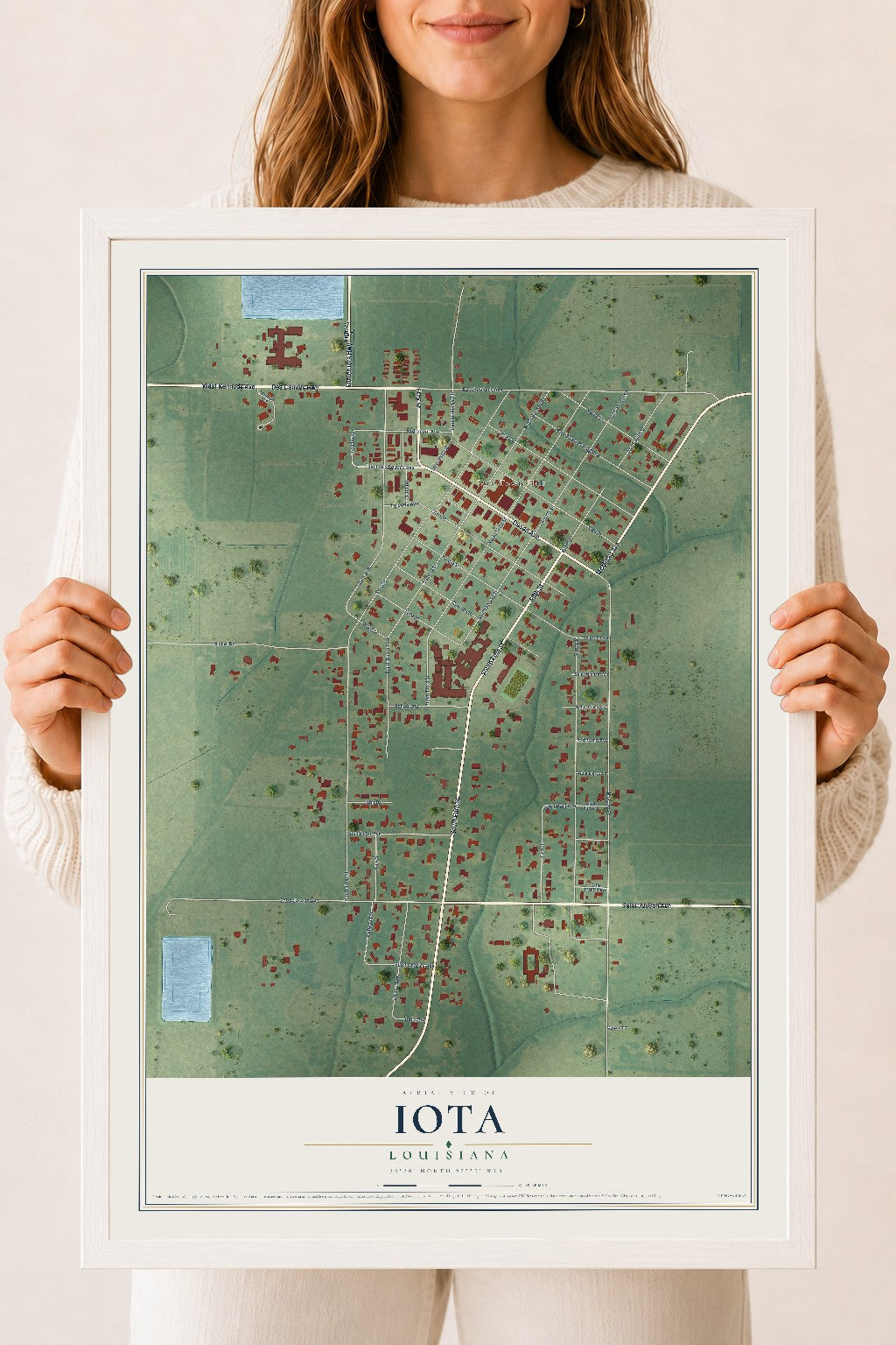 Map of Iota, Louisiana, 18 x 24 inch print in a white wood frame