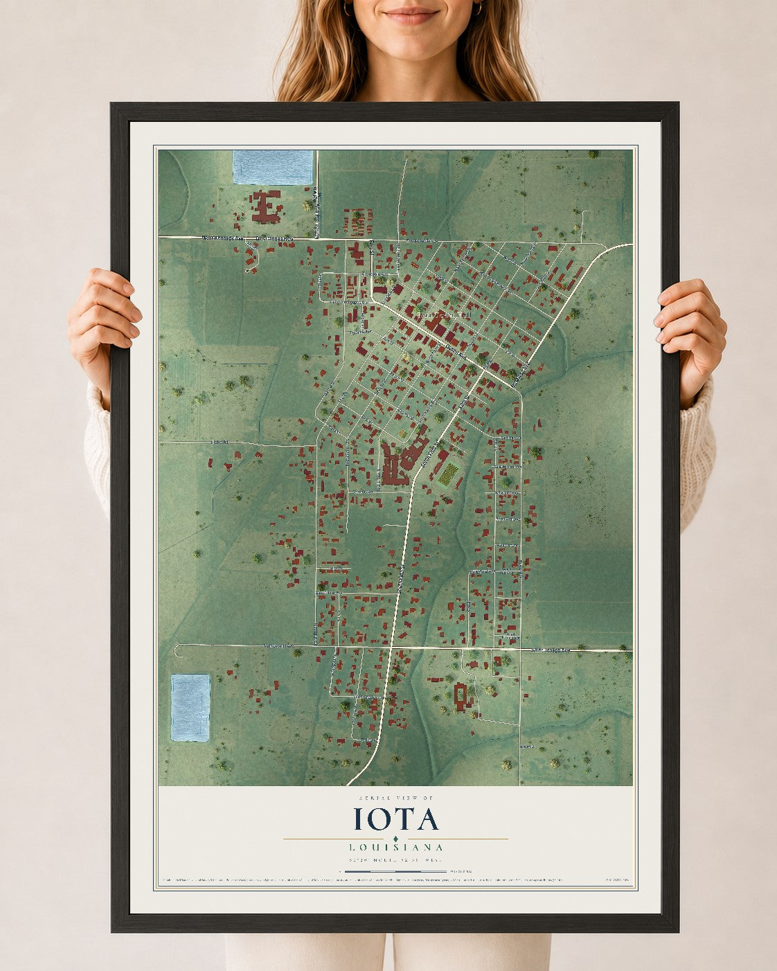 Map of Iota, Louisiana, 24 x 36 inch print in a black wood frame