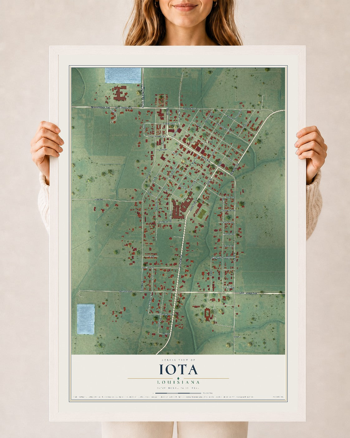 Map of Iota, Louisiana, 24 x 36 inch print in a white wood frame