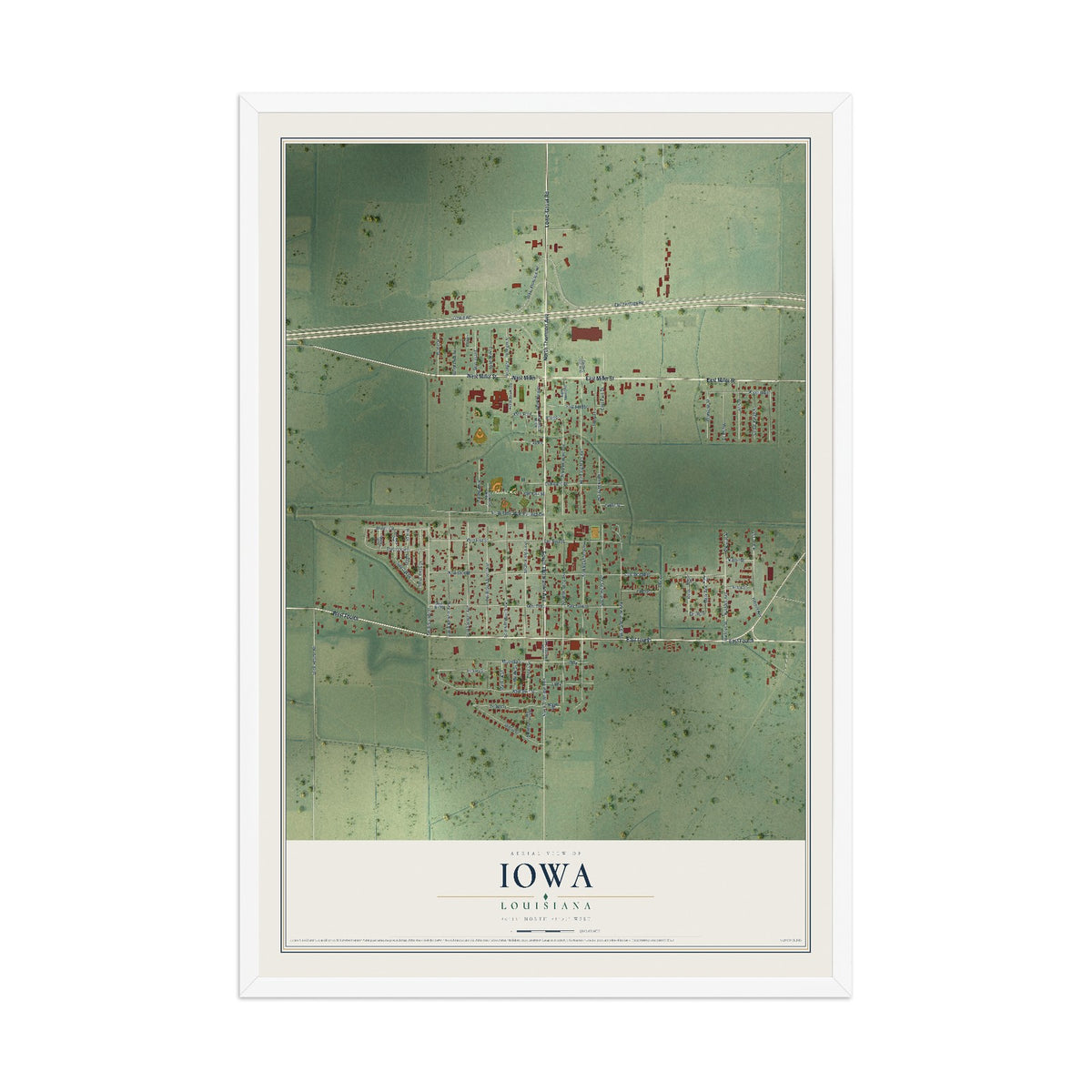 Map of Iowa, Louisiana, 12 x 18 inch print in a white wood frame