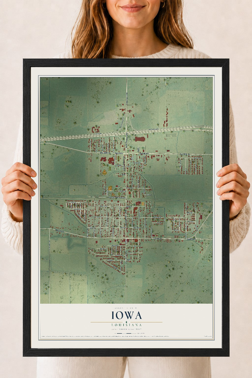 Map of Iowa, Louisiana, 18 x 24 inch print in a black wood frame