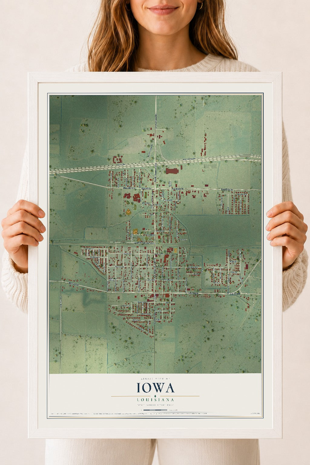 Map of Iowa, Louisiana, 18 x 24 inch print in a white wood frame