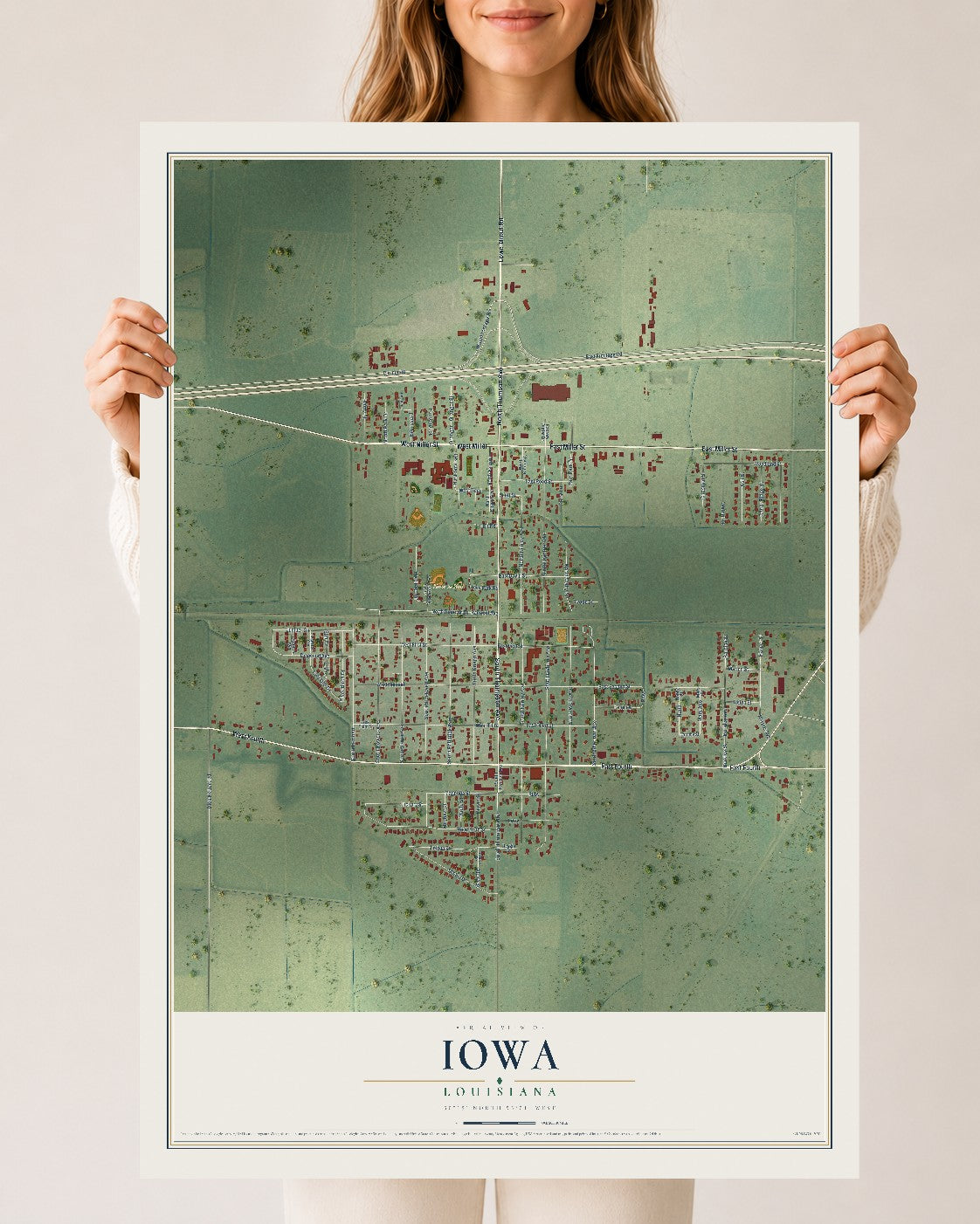 Map of Iowa, Louisiana, 24 x 36 inch unframed archival matte print