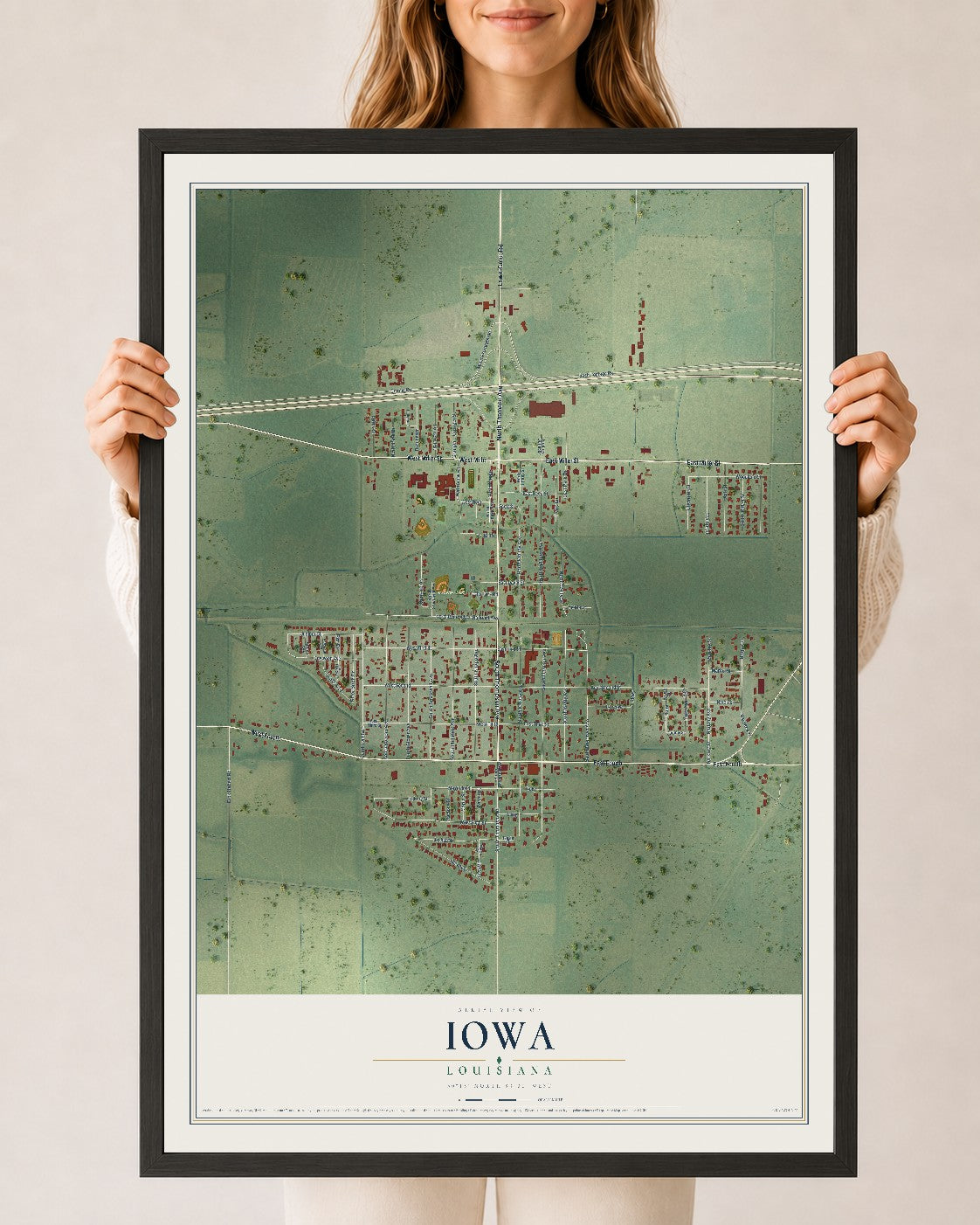 Map of Iowa, Louisiana, 24 x 36 inch print in a black wood frame