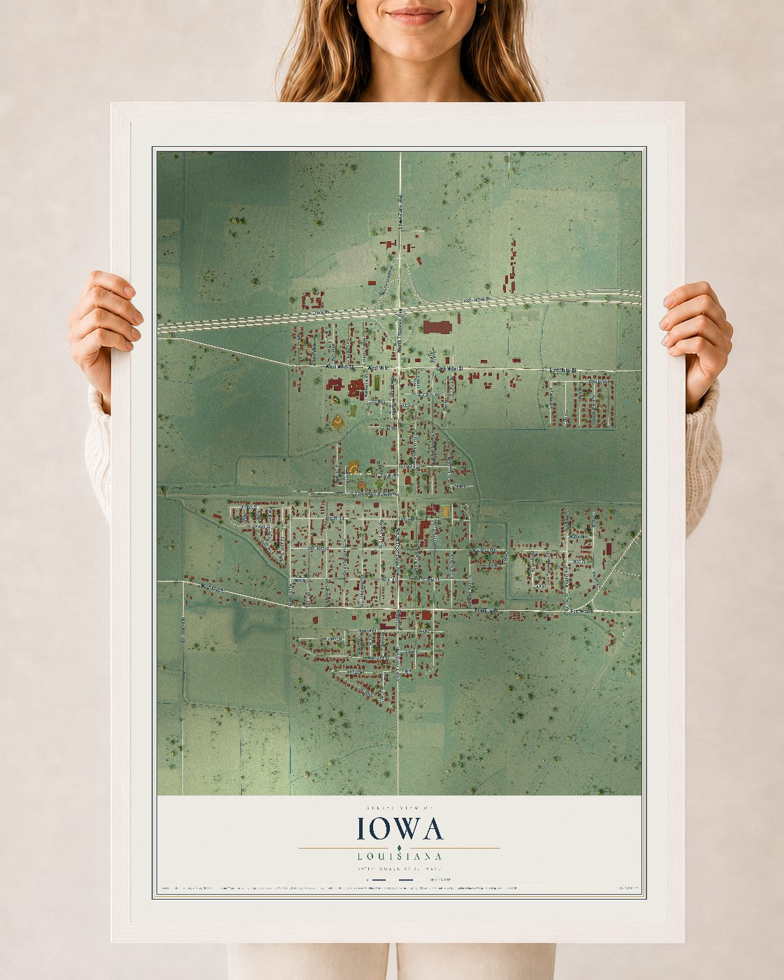 Map of Iowa, Louisiana, 24 x 36 inch print in a white wood frame