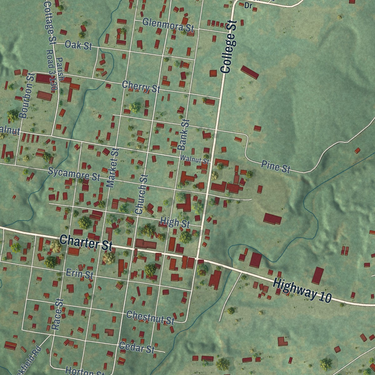 Close-up of the map of Jackson, Louisiana print showing street and building detail