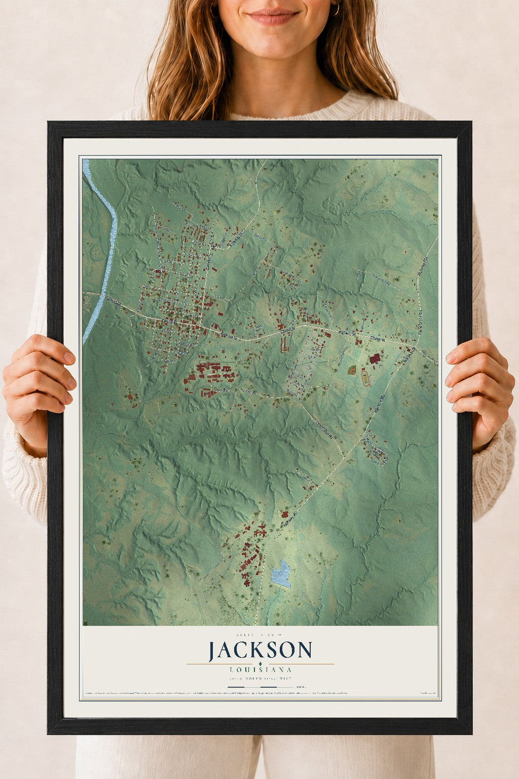 Map of Jackson, Louisiana, 18 x 24 inch print in a black wood frame