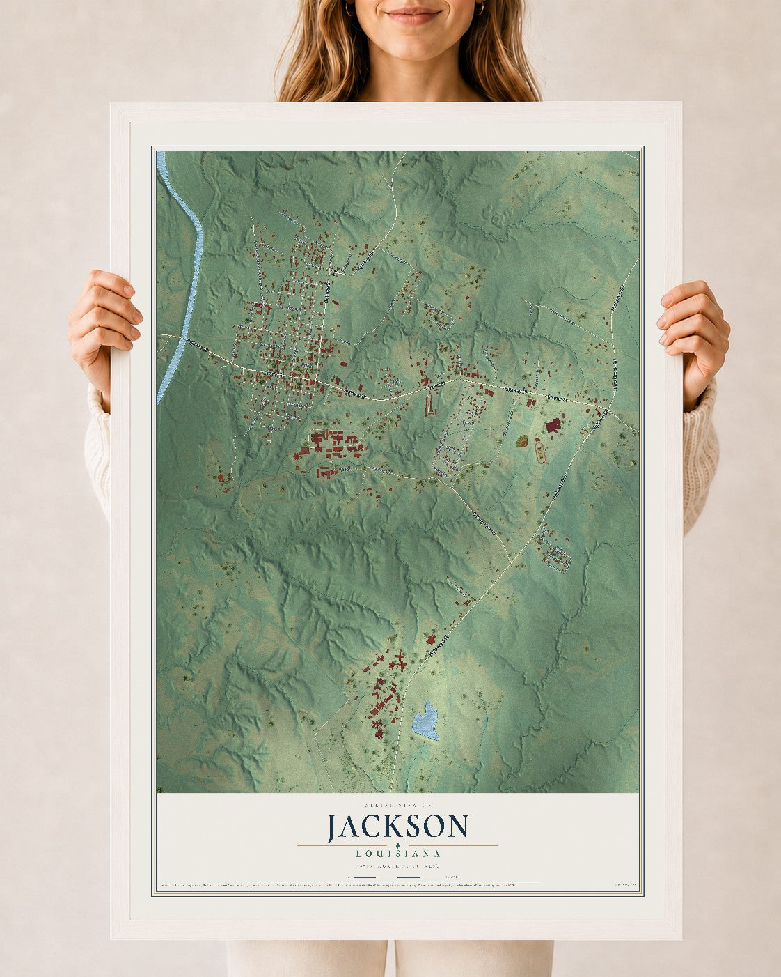 Map of Jackson, Louisiana, 24 x 36 inch print in a white wood frame