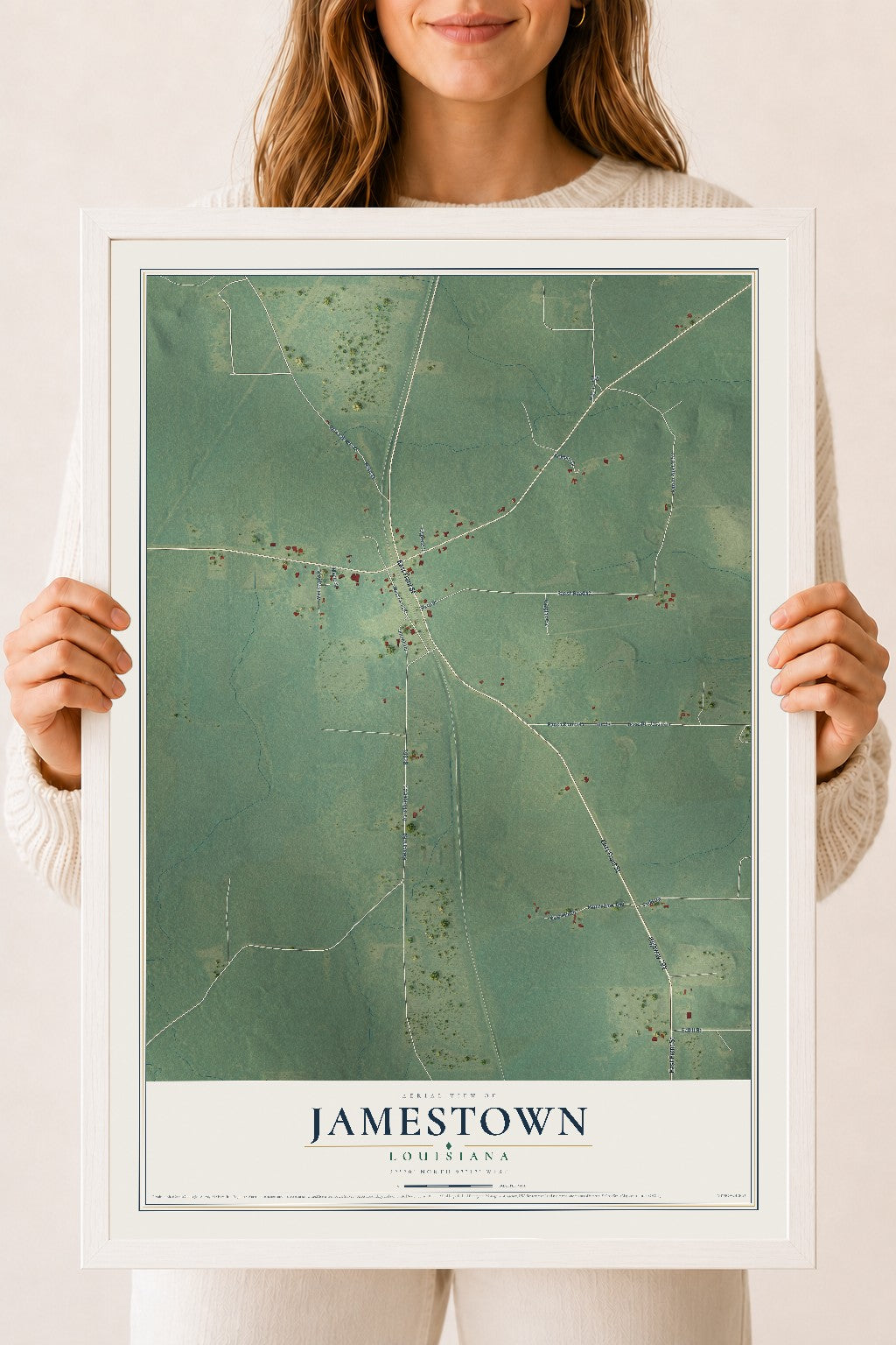 Map of Jamestown, Louisiana, 18 x 24 inch print in a white wood frame