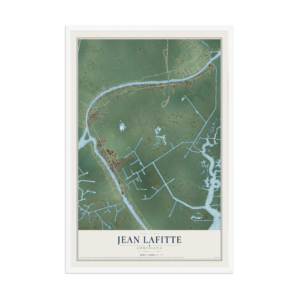 Map of Jean Lafitte, Louisiana, 12 x 18 inch print in a white wood frame