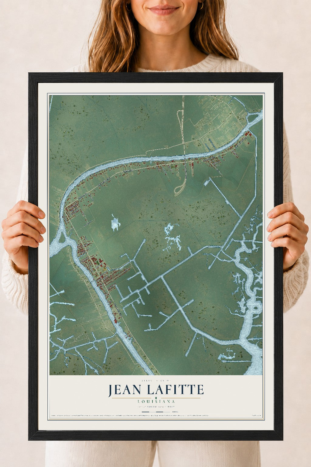 Map of Jean Lafitte, Louisiana, 18 x 24 inch print in a black wood frame