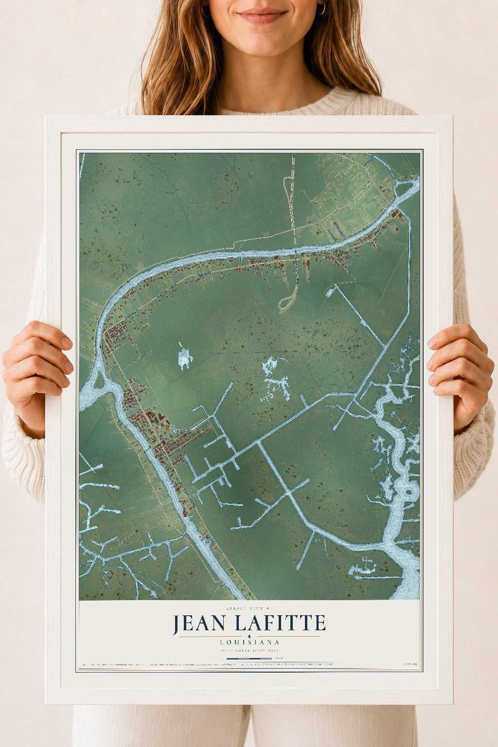 Map of Jean Lafitte, Louisiana, 18 x 24 inch print in a white wood frame