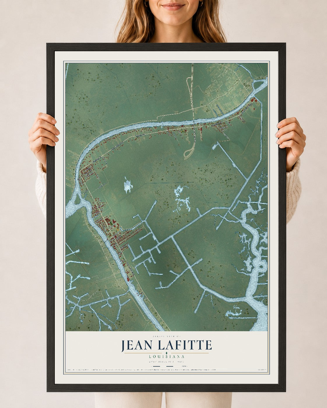 Map of Jean Lafitte, Louisiana, 24 x 36 inch print in a black wood frame