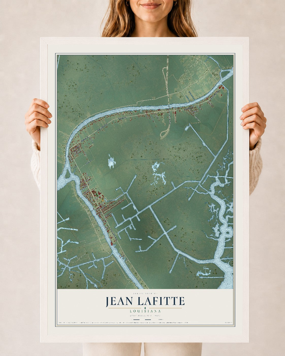 Map of Jean Lafitte, Louisiana, 24 x 36 inch print in a white wood frame