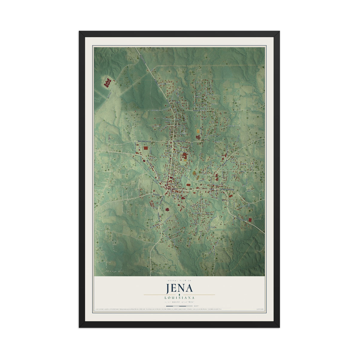 Map of Jena, Louisiana, 12 x 18 inch print in a black wood frame