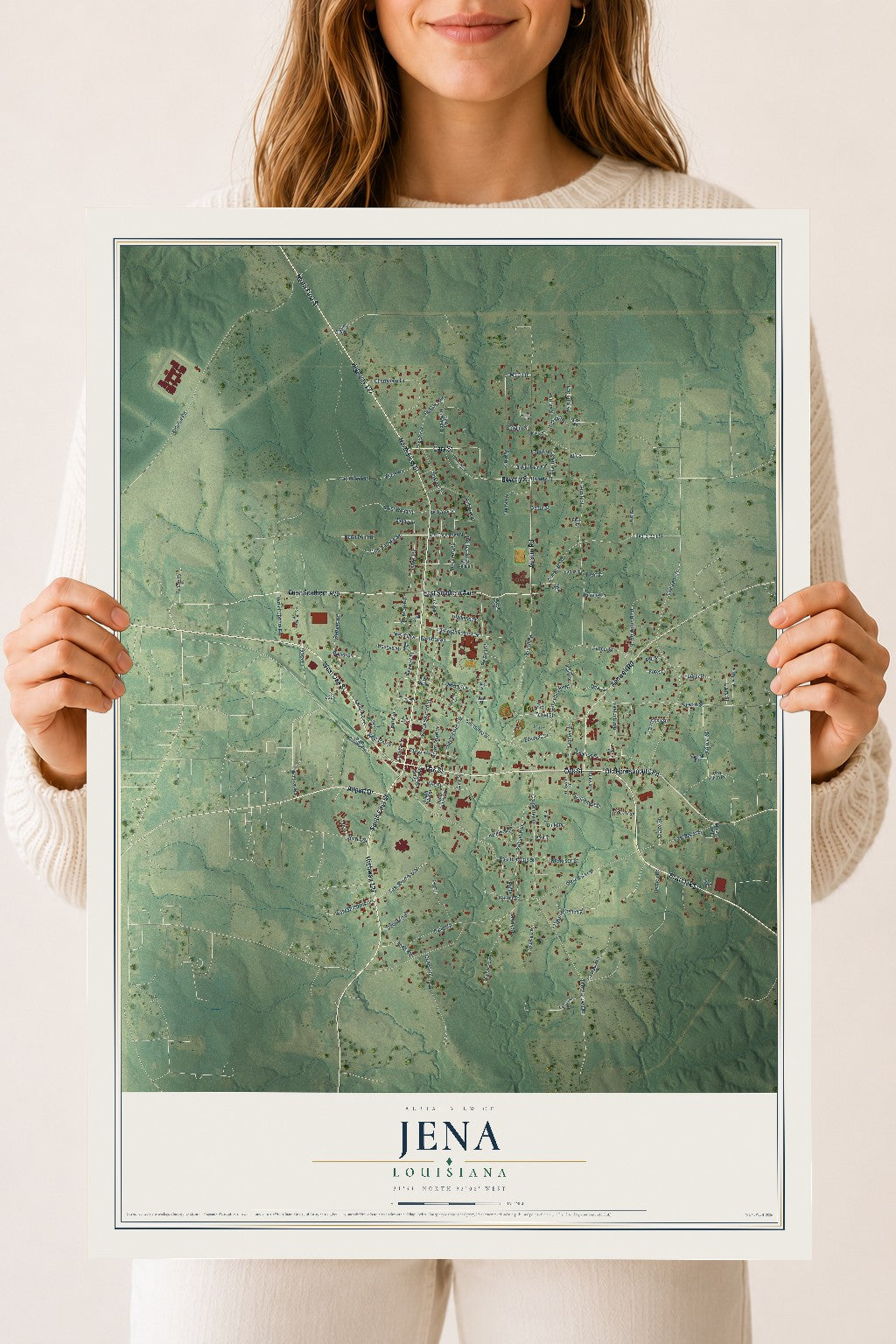 Map of Jena, Louisiana, 18 x 24 inch unframed archival matte print