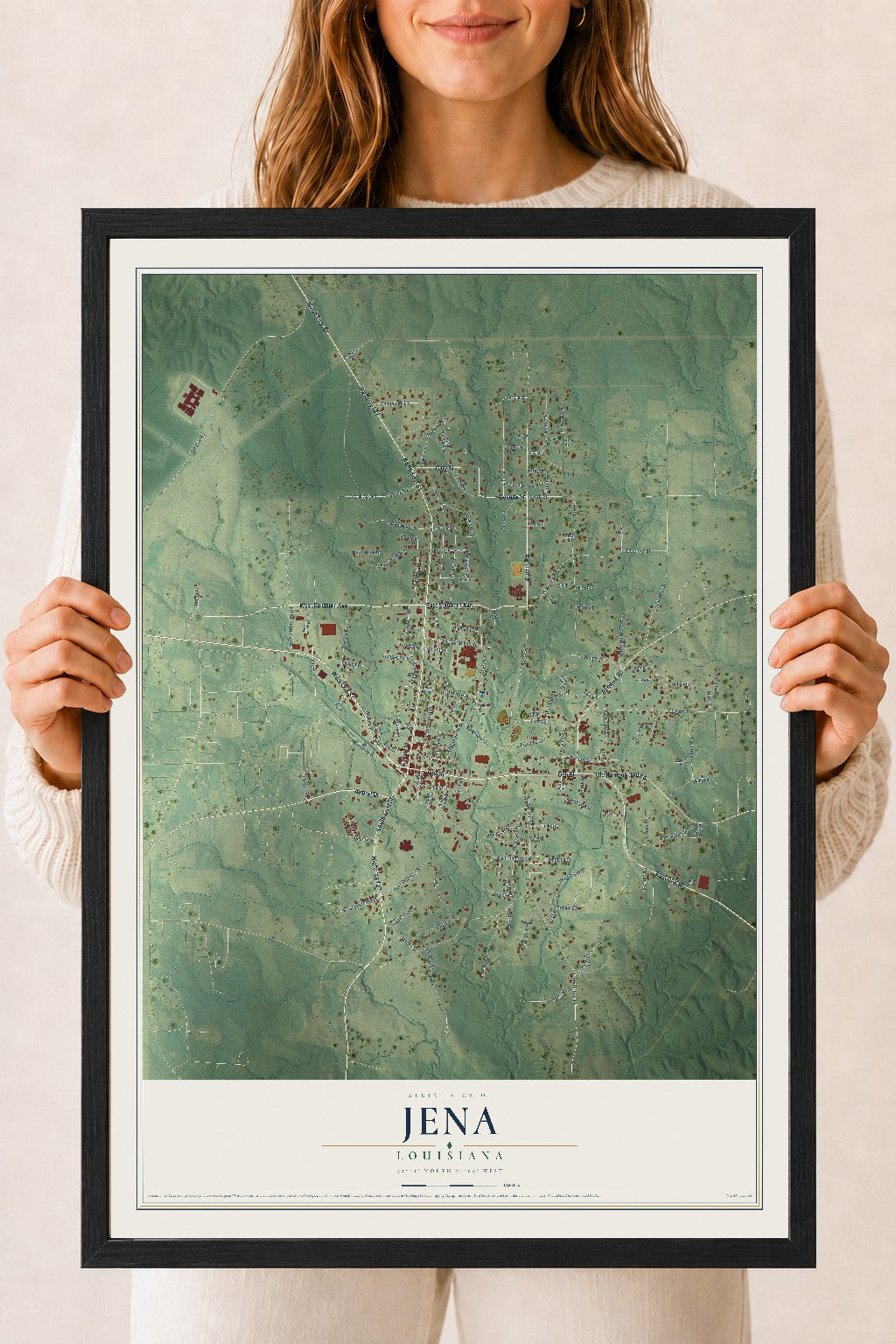 Map of Jena, Louisiana, 18 x 24 inch print in a black wood frame
