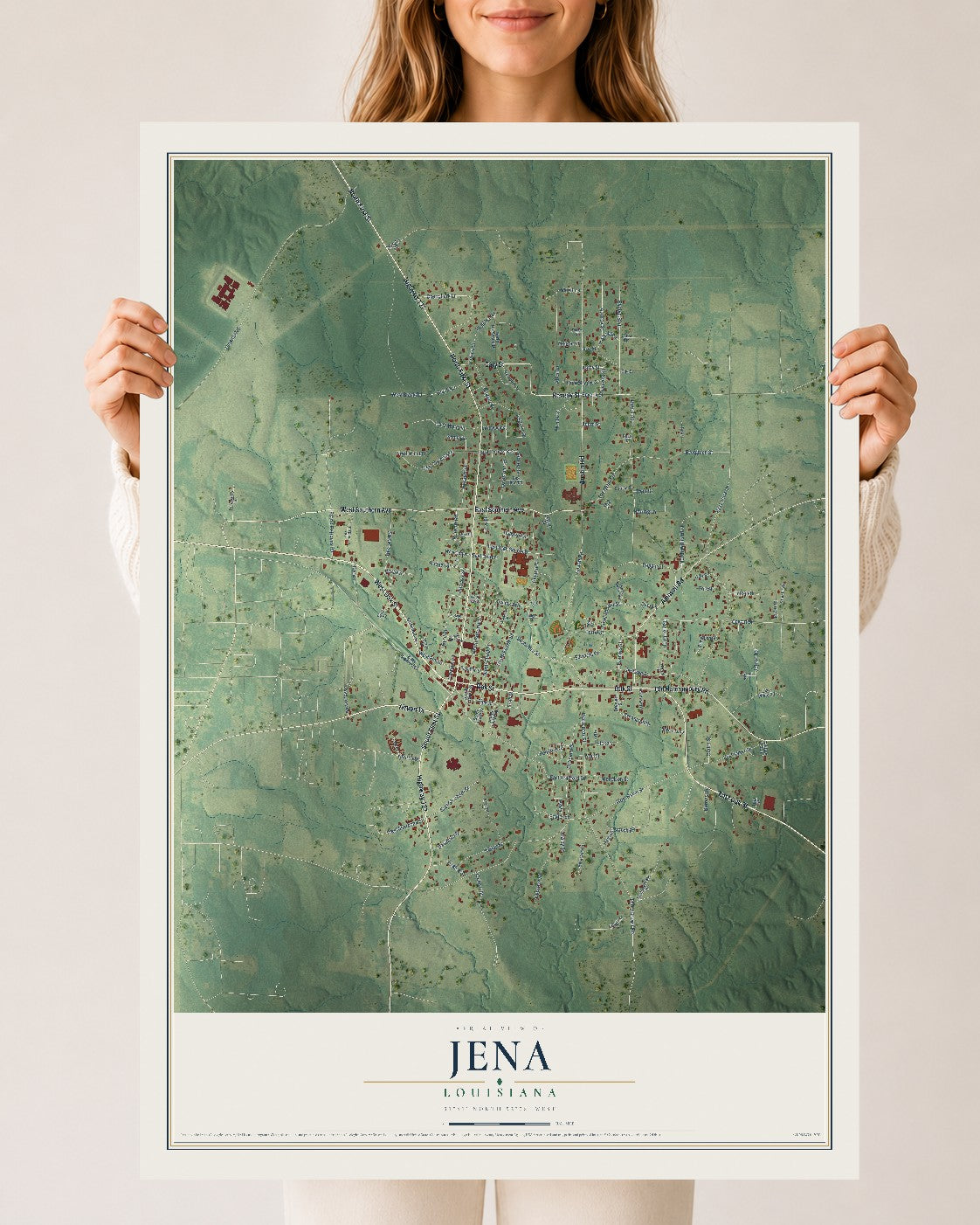 Map of Jena, Louisiana, 24 x 36 inch unframed archival matte print