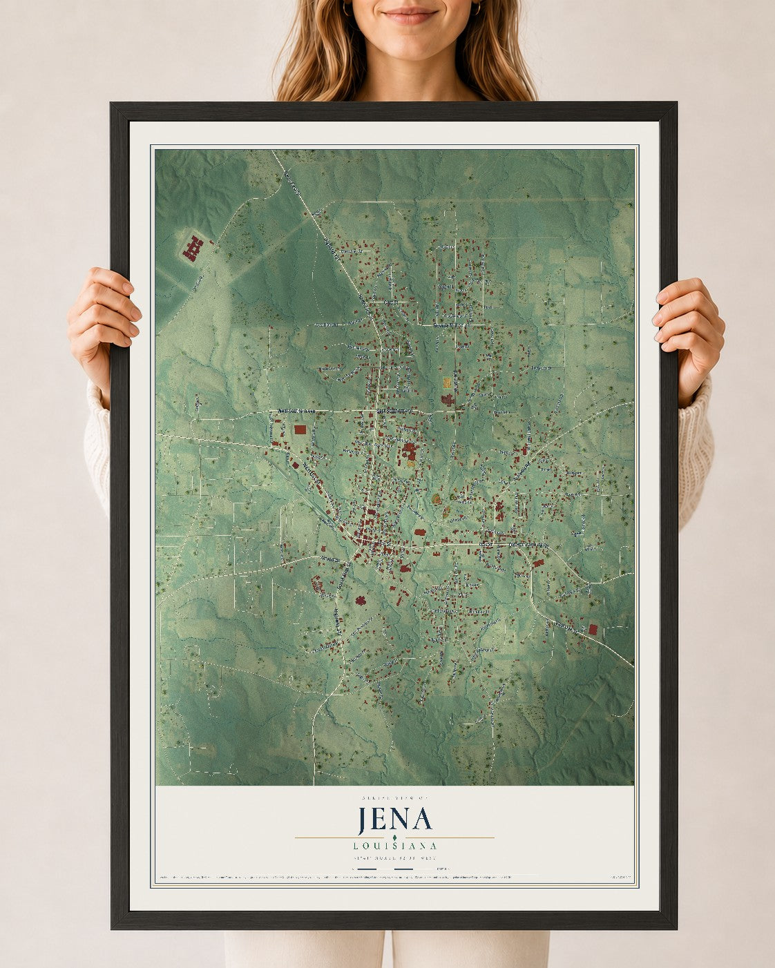 Map of Jena, Louisiana, 24 x 36 inch print in a black wood frame