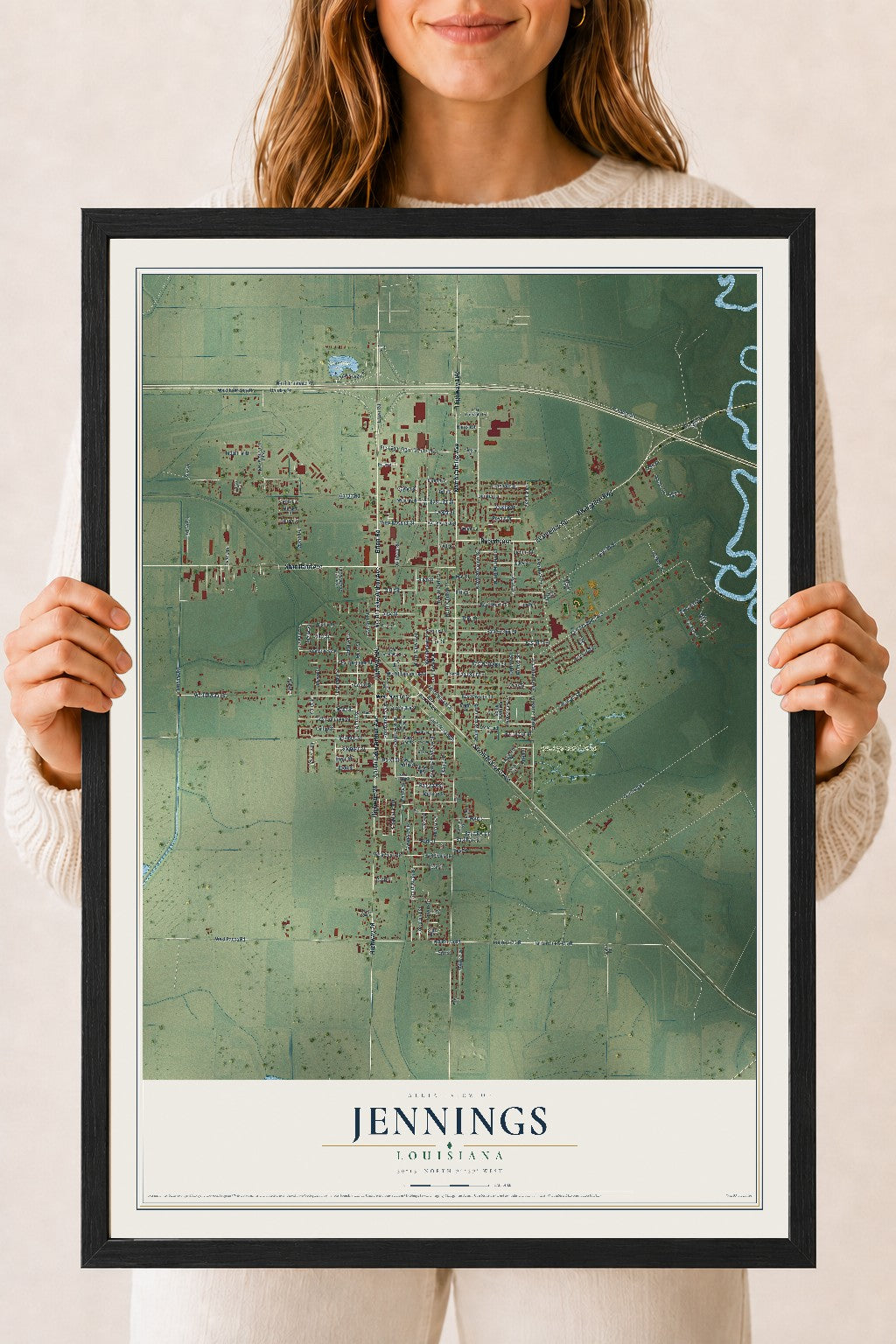 Map of Jennings, Louisiana, 18 x 24 inch print in a black wood frame