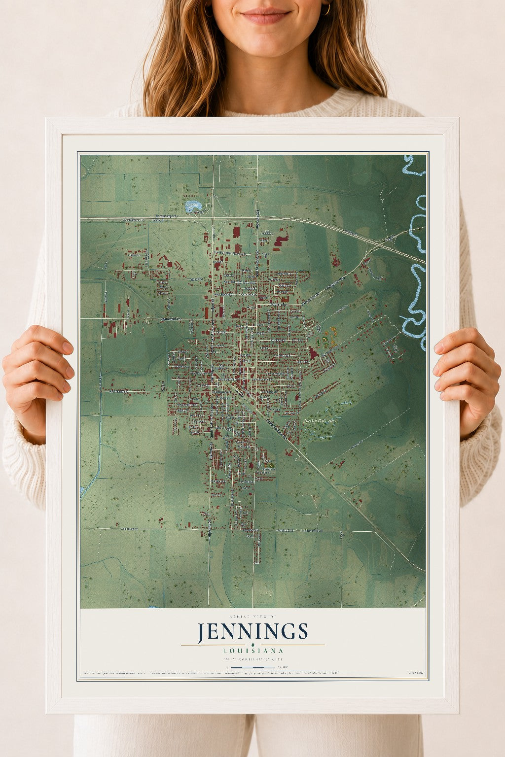 Map of Jennings, Louisiana, 18 x 24 inch print in a white wood frame