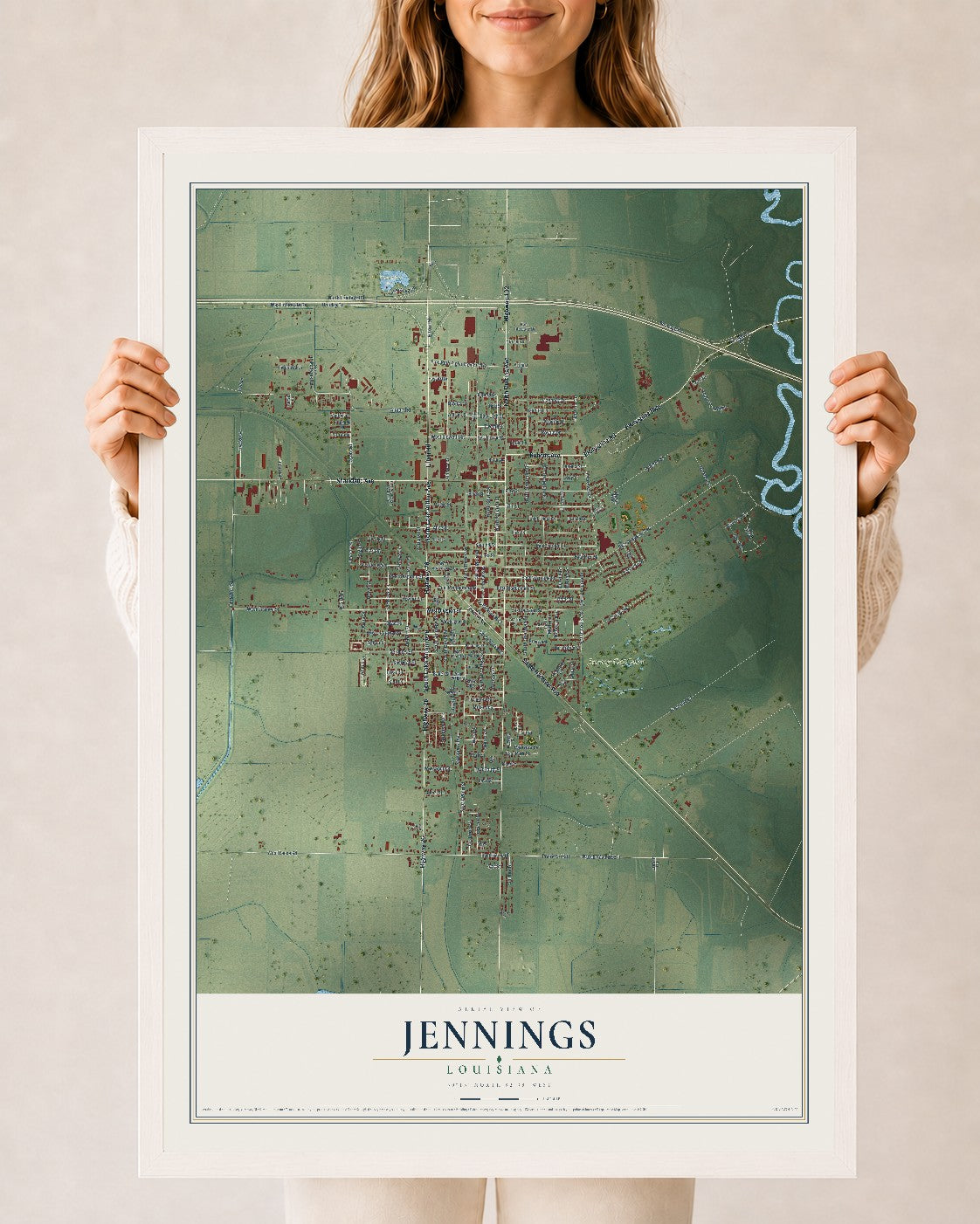 Map of Jennings, Louisiana, 24 x 36 inch print in a white wood frame