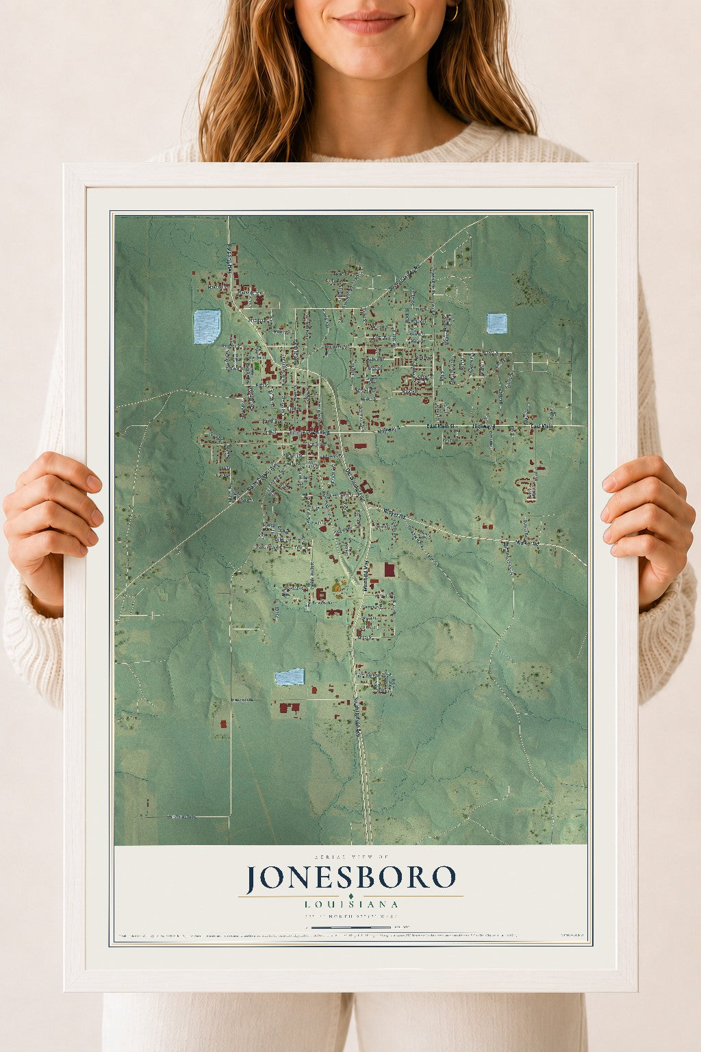 Map of Jonesboro, Louisiana, 18 x 24 inch print in a white wood frame