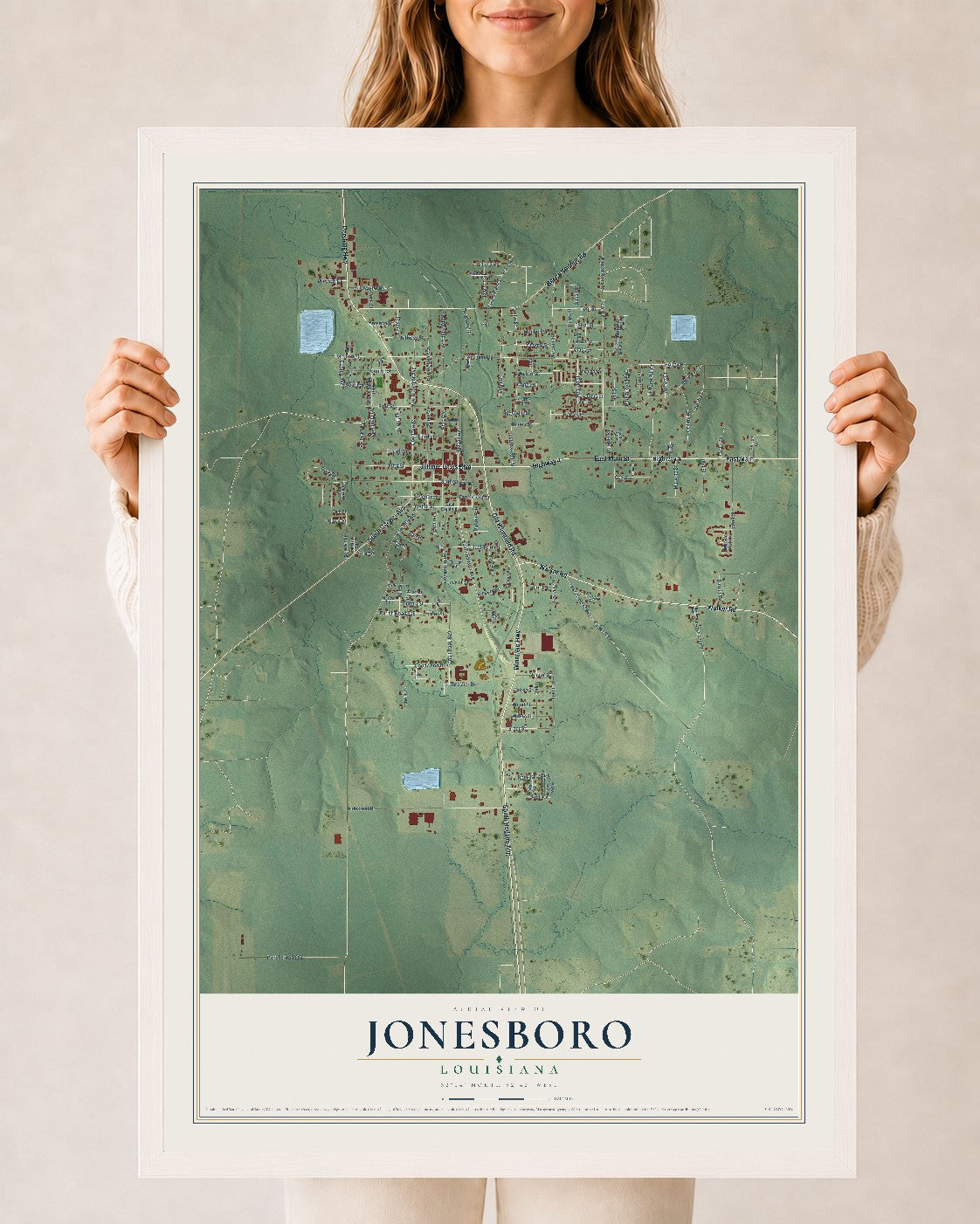 Map of Jonesboro, Louisiana, 24 x 36 inch print in a white wood frame