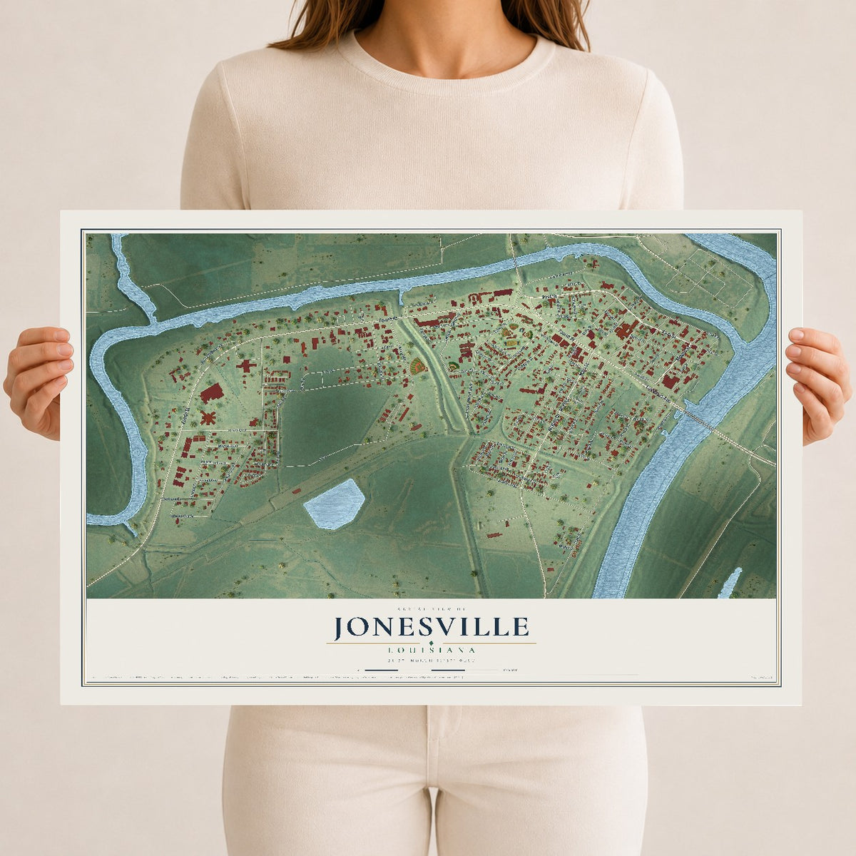 Map of Jonesville, Louisiana, 12 x 18 inch unframed archival matte print
