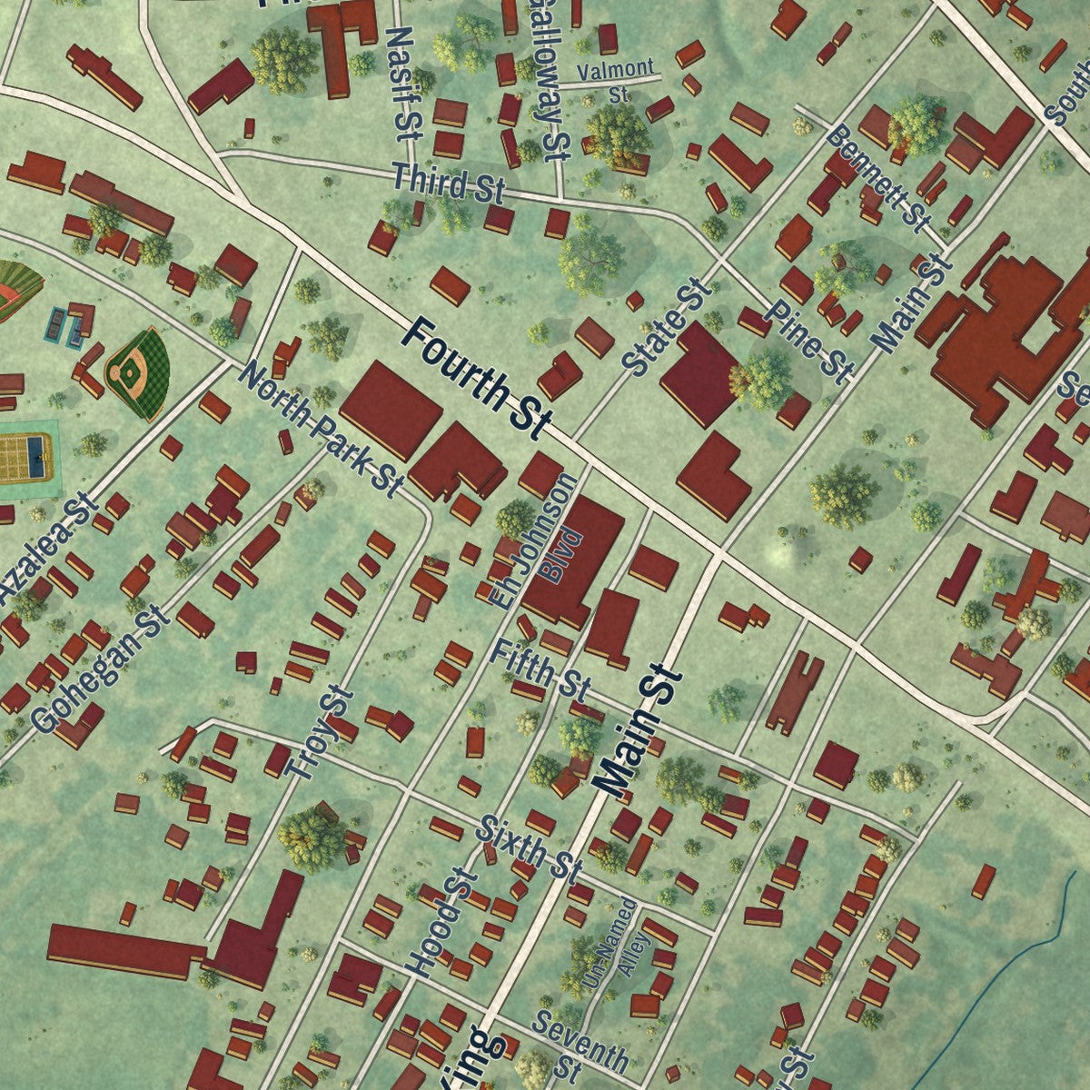 Close-up of the map of Jonesville, Louisiana print showing street and building detail