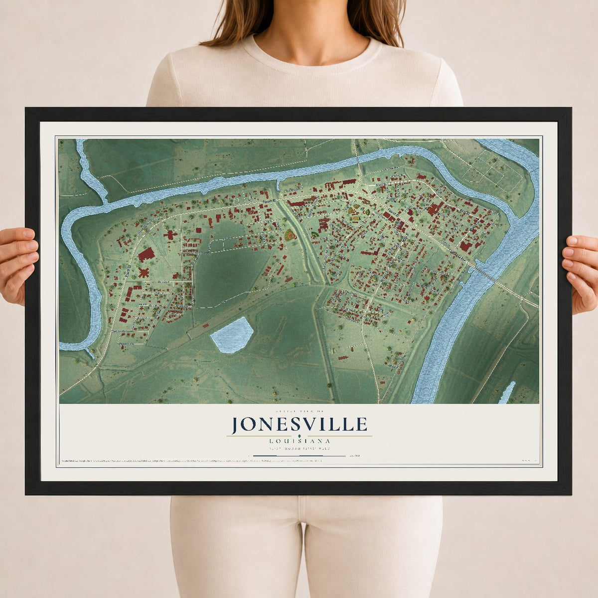Map of Jonesville, Louisiana, 18 x 24 inch print in a black wood frame