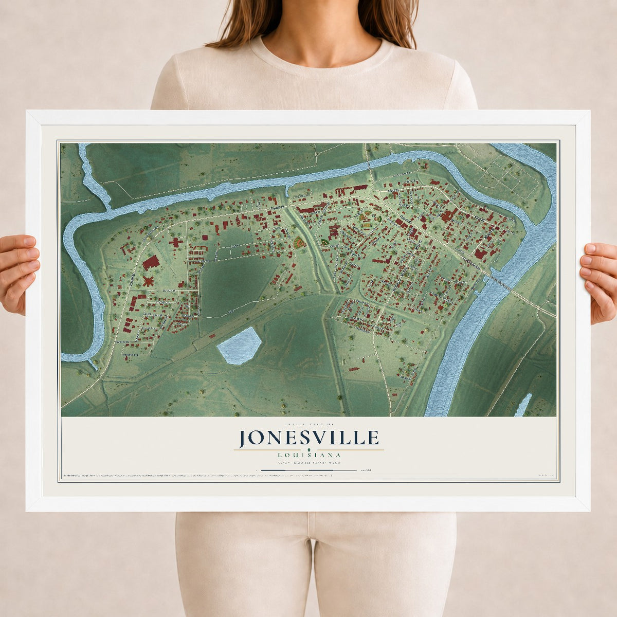 Map of Jonesville, Louisiana, 18 x 24 inch print in a white wood frame
