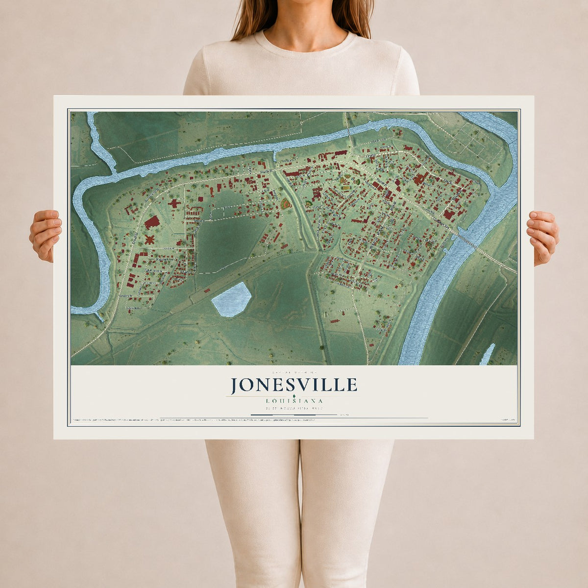 Map of Jonesville, Louisiana, 24 x 36 inch unframed archival matte print