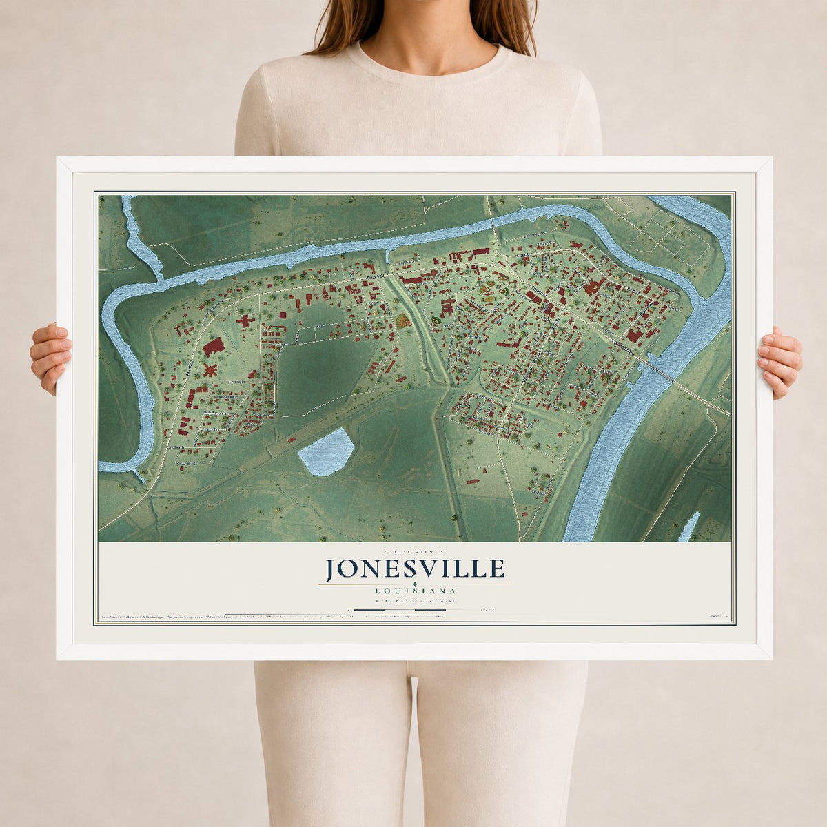 Map of Jonesville, Louisiana, 24 x 36 inch print in a white wood frame