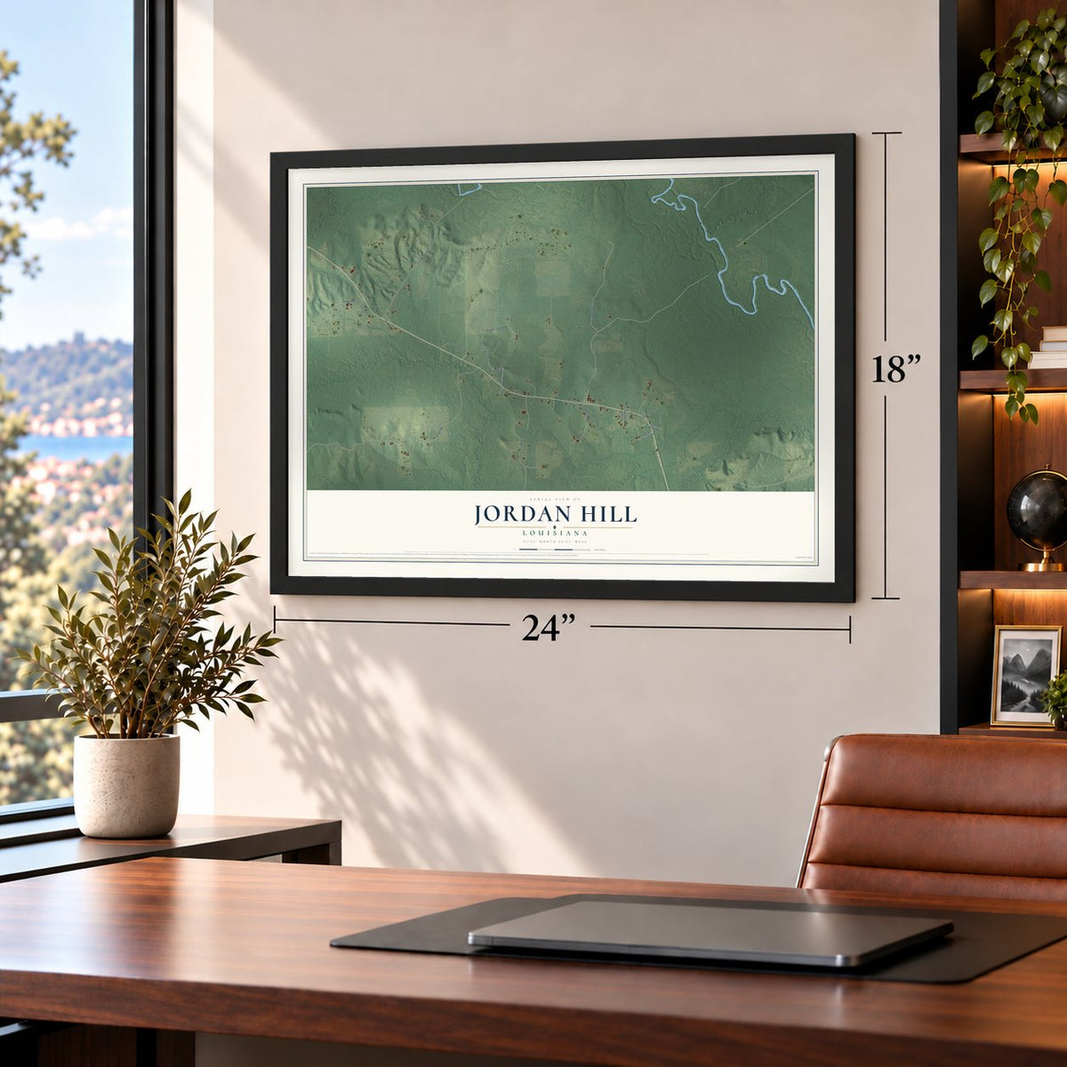 Jordan Hill, Louisiana map, 18 x 24 inch print in a black frame in a home office