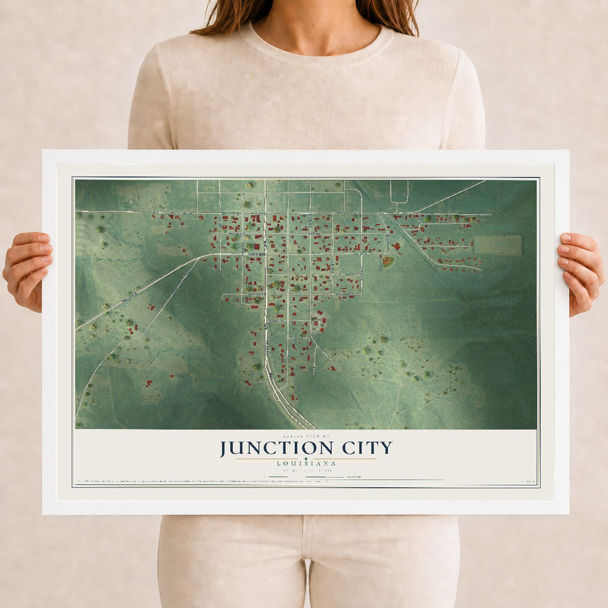 Map of Junction City, Louisiana, 12 x 18 inch print in a white wood frame