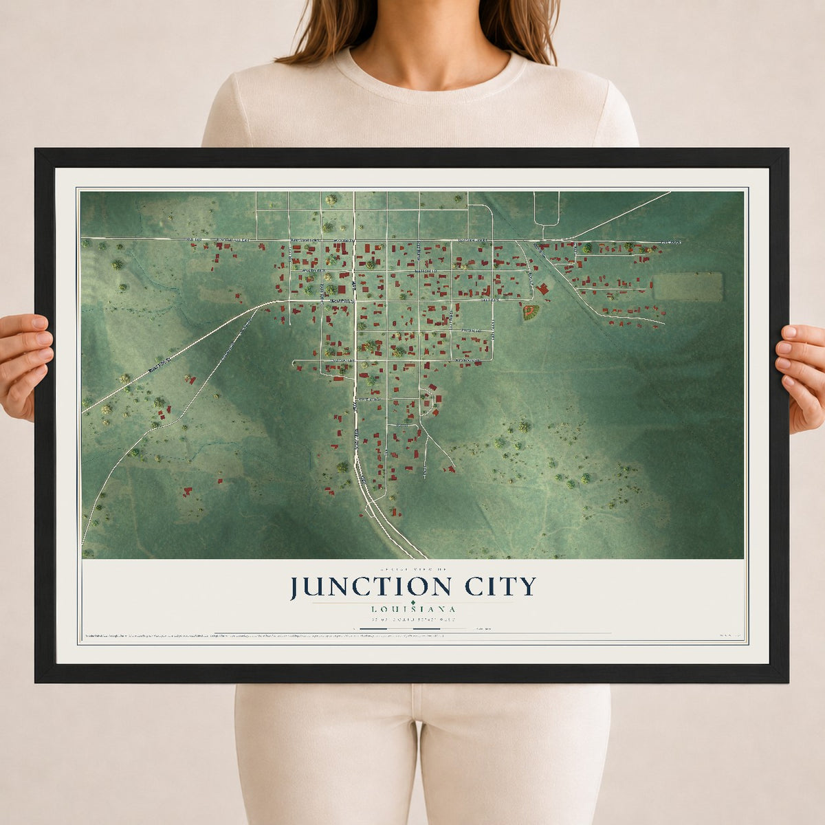 Map of Junction City, Louisiana, 18 x 24 inch print in a black wood frame